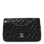Distressed Patent Quilted Medium Double Flap Black