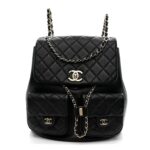 Calfskin Quilted Large Duma Pockets Drawstring Backpack Black