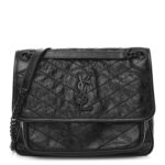 Crinkled Calfskin Matelasse Monogram Medium Niki Chain Satchel Black