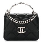 Caviar Quilted Enamel Top Handle Flap Clutch With Chain Black