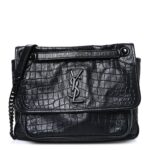 Crocodile Embossed Lambskin Monogram Medium Niki Chain Satchel Black
