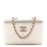 Caviar Quilted Crystal Hearts Small Vanity Case With Chain White