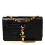 Calfskin Crocodile Embossed Medium Classic Monogram Kate Tassel Satchel Black
