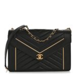 Lambskin Reversed Chevron Quilted Flap Black