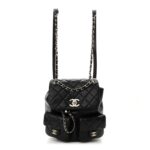 Shiny Caviar Quilted Medium Duma Pockets Drawstring Backpack Black