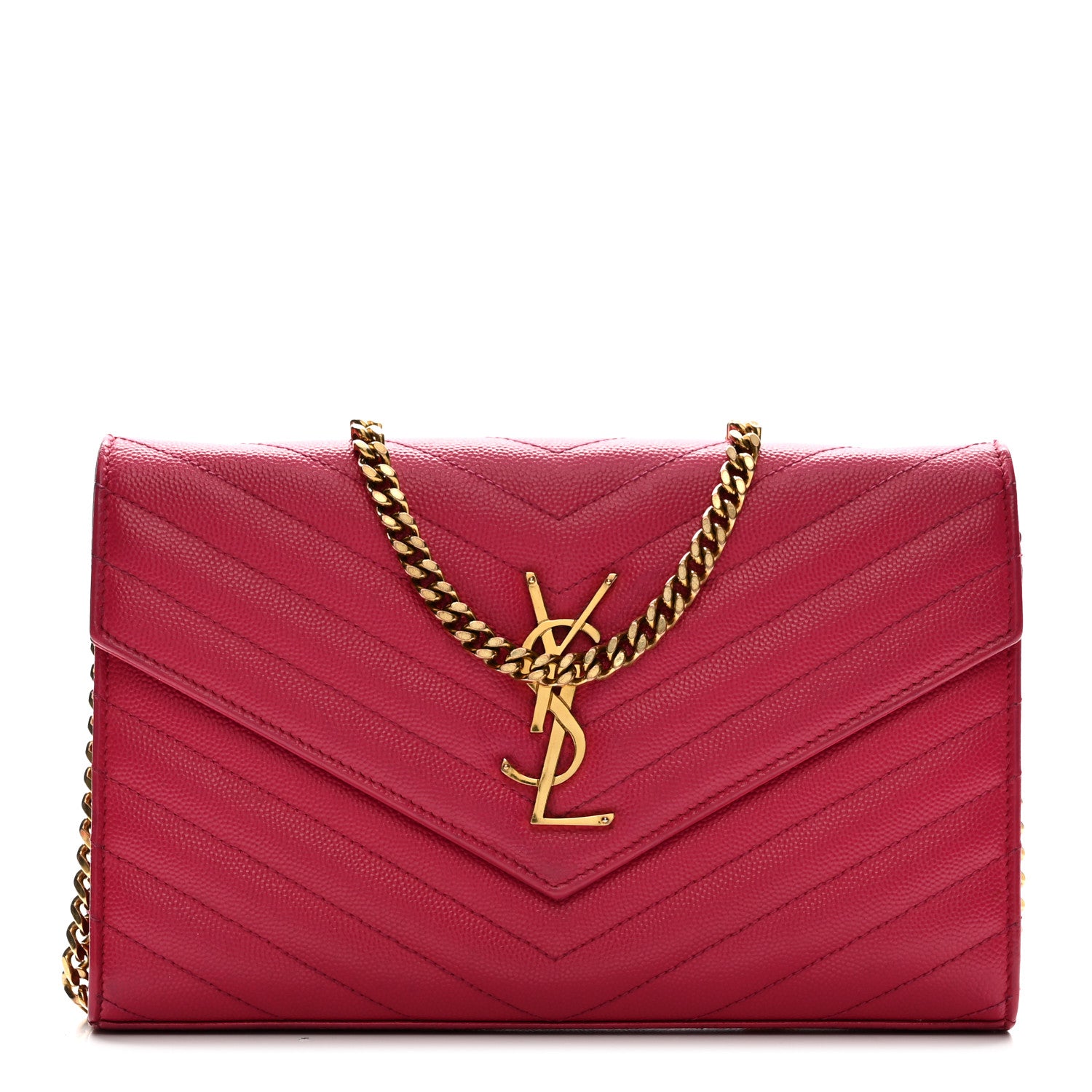 324d961c4f28d27ed2f9505d3d573f67.jpg Grain De Poudre Matelasse Chevron Monogram Chain Wallet Lipstick Fuchsia - Image 1