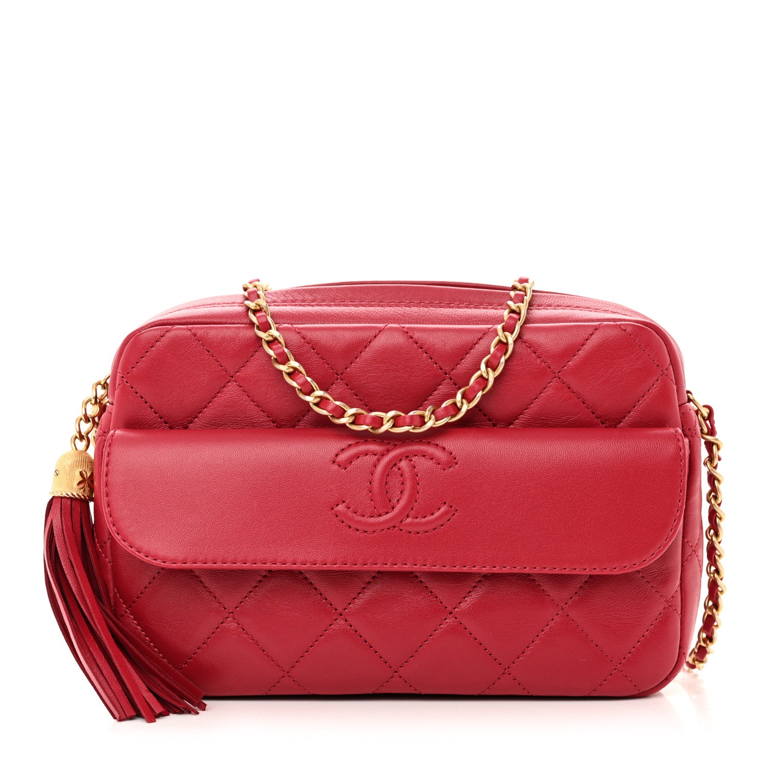 32da31e08fa518869f42ff1a88b53215.jpg Lambskin Quilted Chain & Tassel Small Camera Case Fuchsia - Image 1