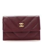 Caviar Flat Chevron Quilted Flap Card Holder Burgundy