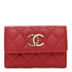 Lambskin Pearl Enamel Quilted Flap Card Holder Red