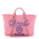 Canvas Calfskin Striped Large Deauville Tote Pink Blue