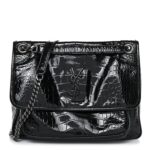 Patent Crocodile Embossed Lambskin Monogram Medium Niki Chain Satchel Black