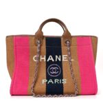 Straw Raffia Calfskin Striped Medium Deauville Tote Dark Beige Fuchsia Navy Blue