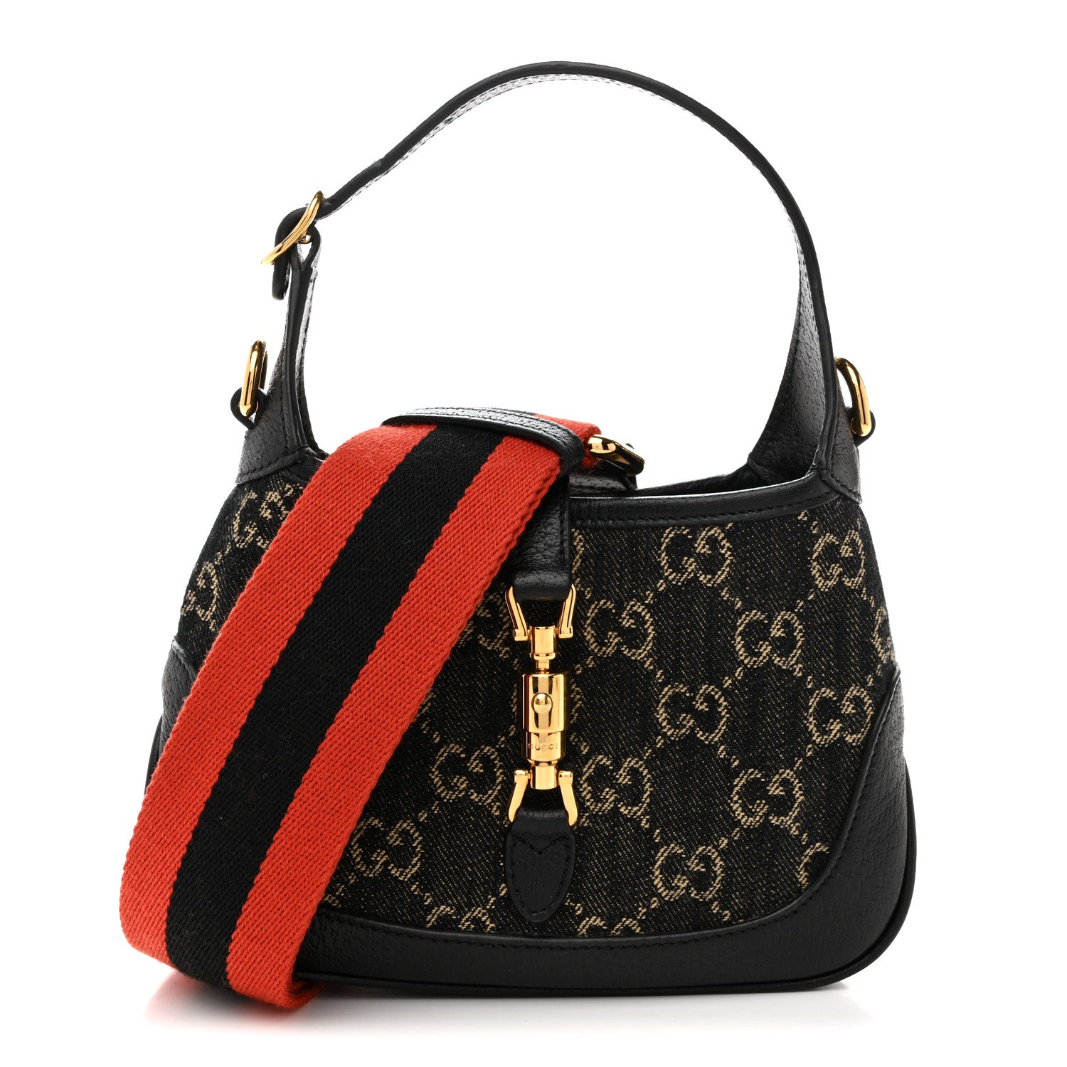 4337ef60523d6aa44e1f1d7d35fce12e.jpg Jacquard Black Denim GG Monogram Textured Dollar Calfskin Mini Jackie 1961 Hobo Black Ivory - 图片 1