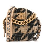 Wool Tweed Lambskin Quilted Chanel 19 Round Clutch With Chain and Coin Purse Beige Black