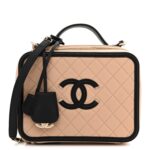Caviar Quilted Large CC Filigree Vanity Case Beige Black