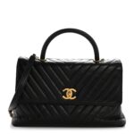 Calfskin Lizard Chevron Quilted Medium Coco Handle Flap Black