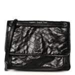 Crinkled Calfskin Matelasse Monogram Large Niki Chain Satchel Black