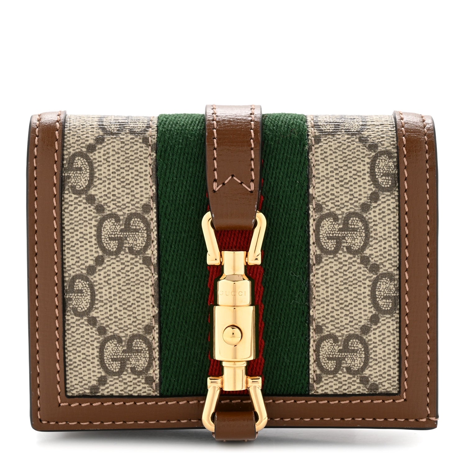 656e55fd7e002bc55fbab3f55e9abd6b.jpg GG Supreme Monogram Textured Calfskin Web Jackie 1961 Card Case Beige Ebony Brown Sugar - 图片 1