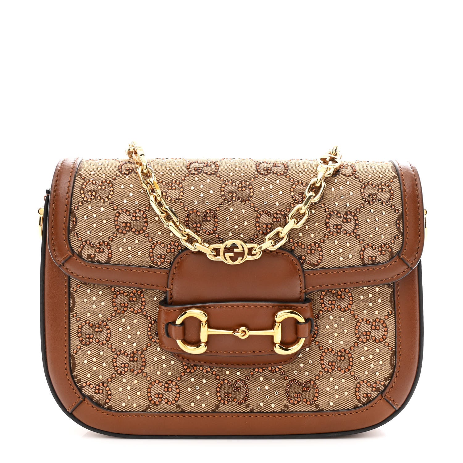 6c61c2cb42652bae834c9c4535cf8976.jpg New Canvas Charisma Calfskin Crystal GG Monogram Mini Horsebit 1955 Shoulder Bag Camel Ebony - 图片 1