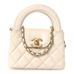 Shiny Aged Calfskin Quilted Mini Nano Kelly Shopper White