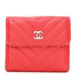 Lambskin Chevron Quilted Studded Compact Flap Wallet Red