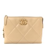 Shiny Goatskin Quilted Chanel 19 Small Pouch With Handle Beige