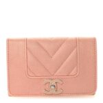 Metallic Caviar Chevron Quilted Vintage Mademoiselle Flap Card Holder Pink