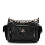 Shiny Crumpled Lambskin Quilted Small Preppy Pocket Camera Case Black