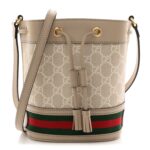 GG Supreme Monogram Textured Calfskin Web Mini Ophidia Bucket Bag Beige Ebony Mystic White Oatmeal