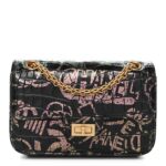 Calfskin Crocodile Embossed Graffiti 2.55 Mini Cocodile Reissue Flap Black Pink