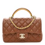 Lambskin Quilted Bi-Color Mini Top Handle Rectangular Flap Light Brown Yellow