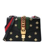 Textured Calfskin Bee Star Print Small Sylvie Shoulder Bag Black