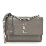 Calfskin Crocodile Embossed Medium Monogram Sunset Fog