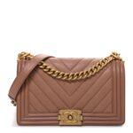 Caviar Chevron Quilted Medium Boy Flap Dark Beige