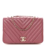 Metallic Calfskin Chevron Quilted Small Statement Flap Pink