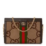Monogram Jumbo GG Textured Dollar Calfskin Web Small Ophidia Chain Shoulder Bag Camel Ebony New Acero