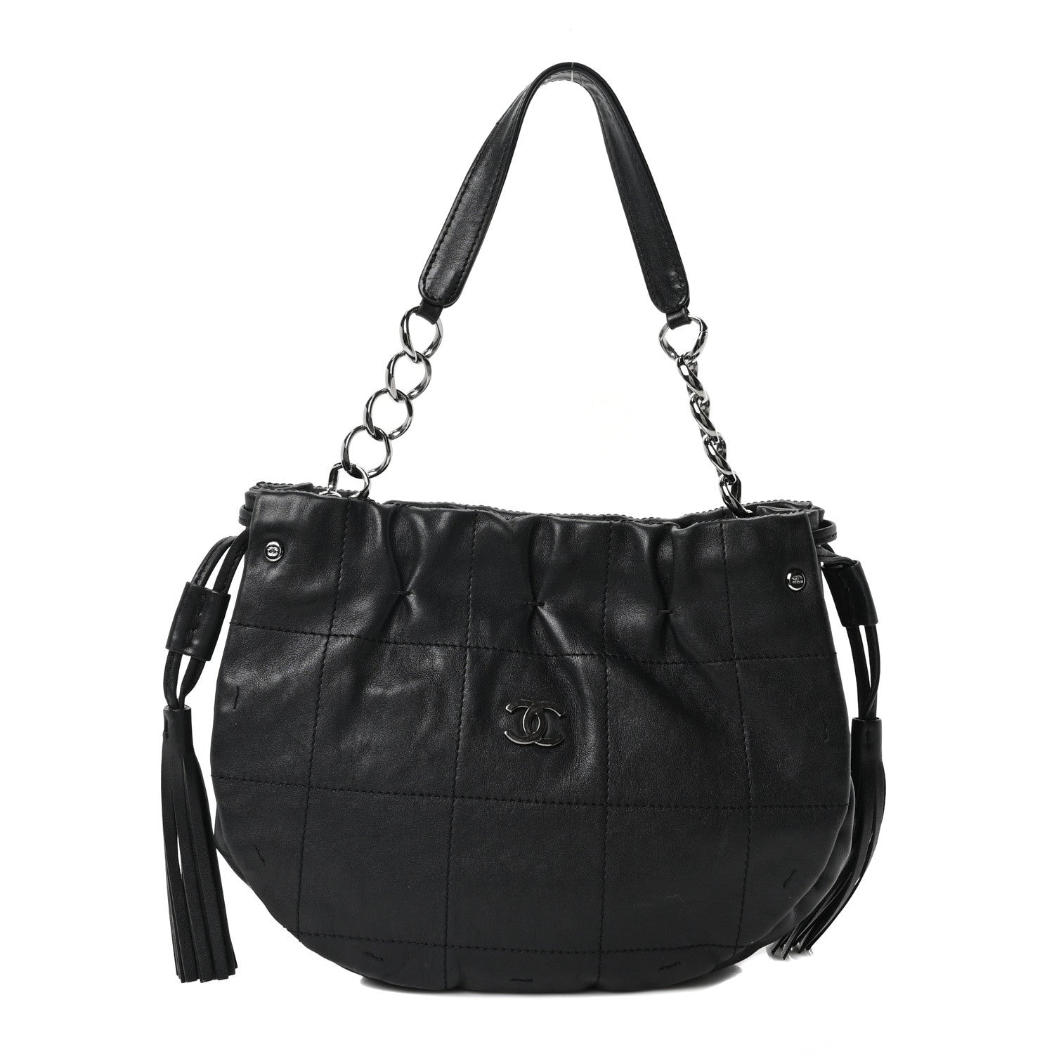 a362cd18ea76ce3bbe87e46b1d33a5f1.jpg Lambskin Stitched Chocolate Bar Chain Fringe Hobo Black - Image 1