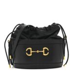 Azalea Sakai Calfskin Horsebit 1955 Drawstring Bucket Bag Black