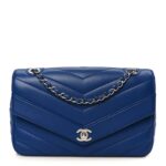 Caviar Chevron Quilted Single Flap Blue