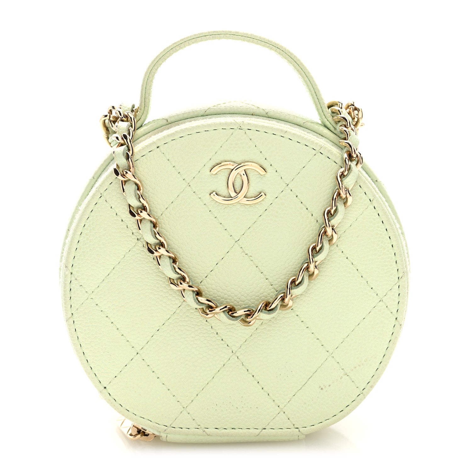 c1d9bb1e51b10e817f896c614f1a8663.jpg Caviar Quilted Round Handle With Care Vanity With Chain Light Green - Image 1