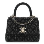Washed Denim Quilted Coco Handle Clutch With Chain Black
