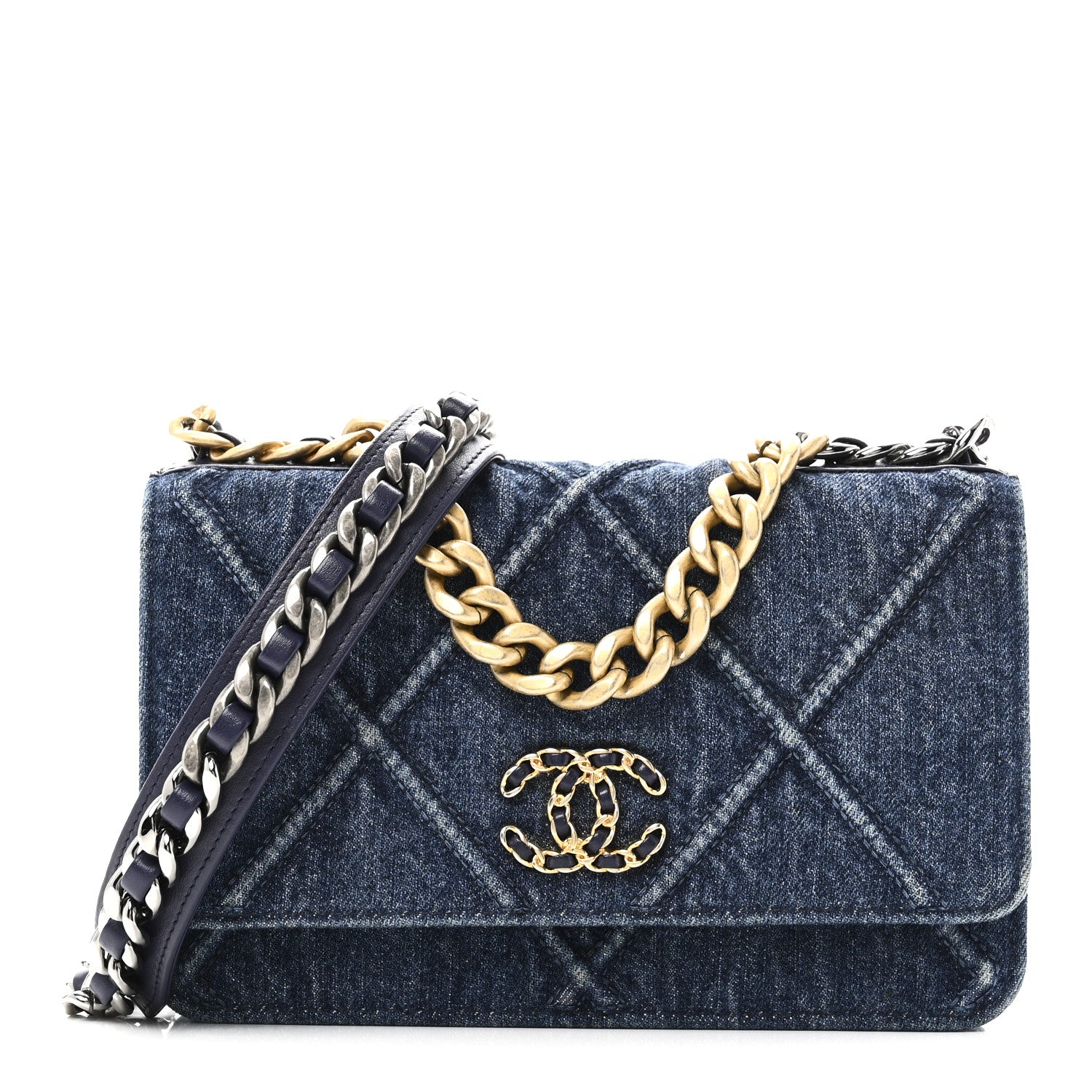 Denim Quilted Chanel 19 Wallet On Chain WOC Blue