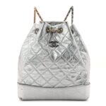 Metallic Crumpled Calfskin Quilted Small Gabrielle Backpack Silver