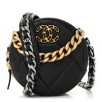 Shiny Goatskin Quilted Chanel 19 Round Clutch With Chain Black