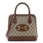 GG Supreme Monogram Azalea Calfskin Small Horsebit 1955 Top Handle Bag Beige Ebony Brown Sugar