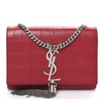 Calfskin Crocodile Embossed Small Classic Monogram Kate Tassel Satchel Red