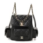 Shiny Caviar Quilted Small Duma Pockets Drawstring Backpack Black