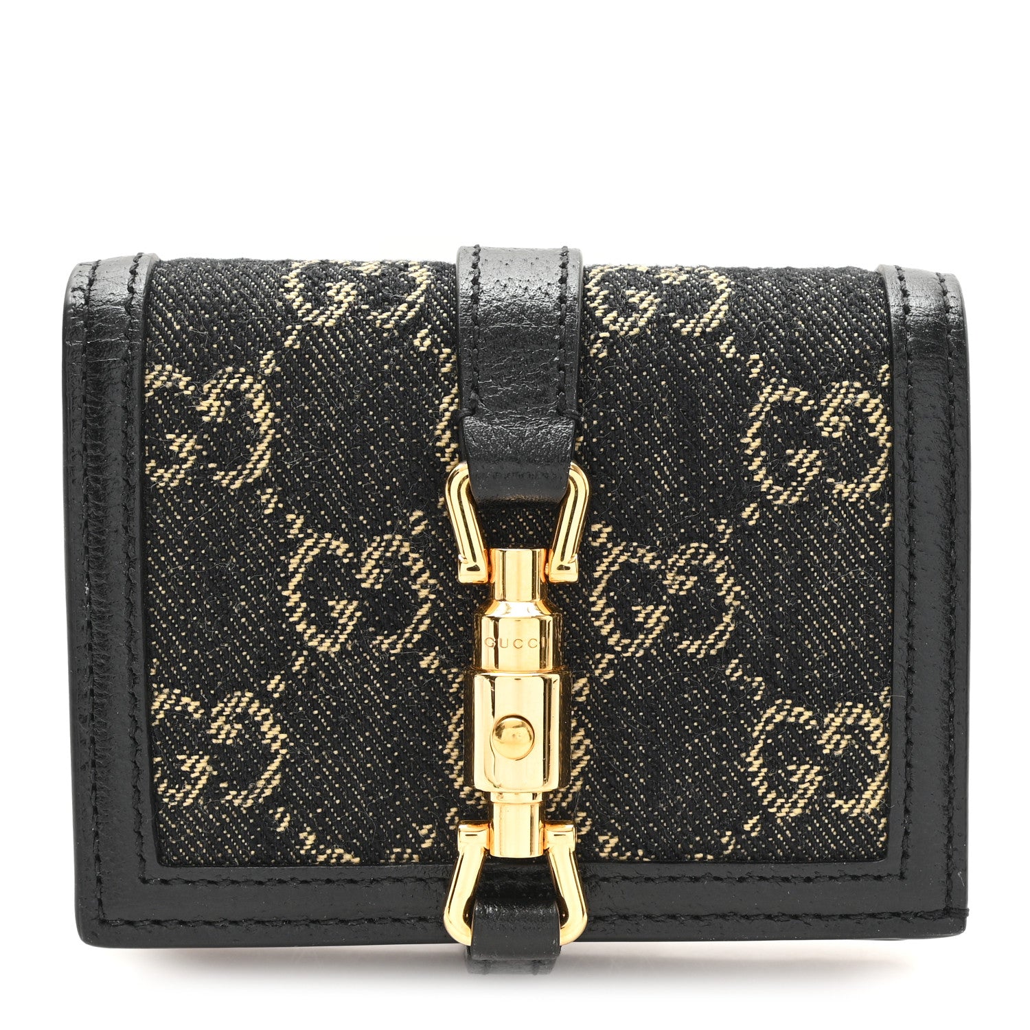 e99a3b2af345b8dd273294906ec5d8b1.jpg Jacquard Black Denim GG Monogram Textured Dollar Calfskin Jackie 1961 Card Case Black Ivory - 图片 1