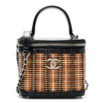 Calfskin Raffia Small Vanity Case Bag Black Beige