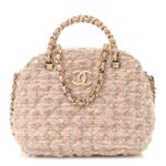 Cotton Wool Tweed Sequin Quilted Shiny Coco Clutch With Chain Light Pink Beige Ecru